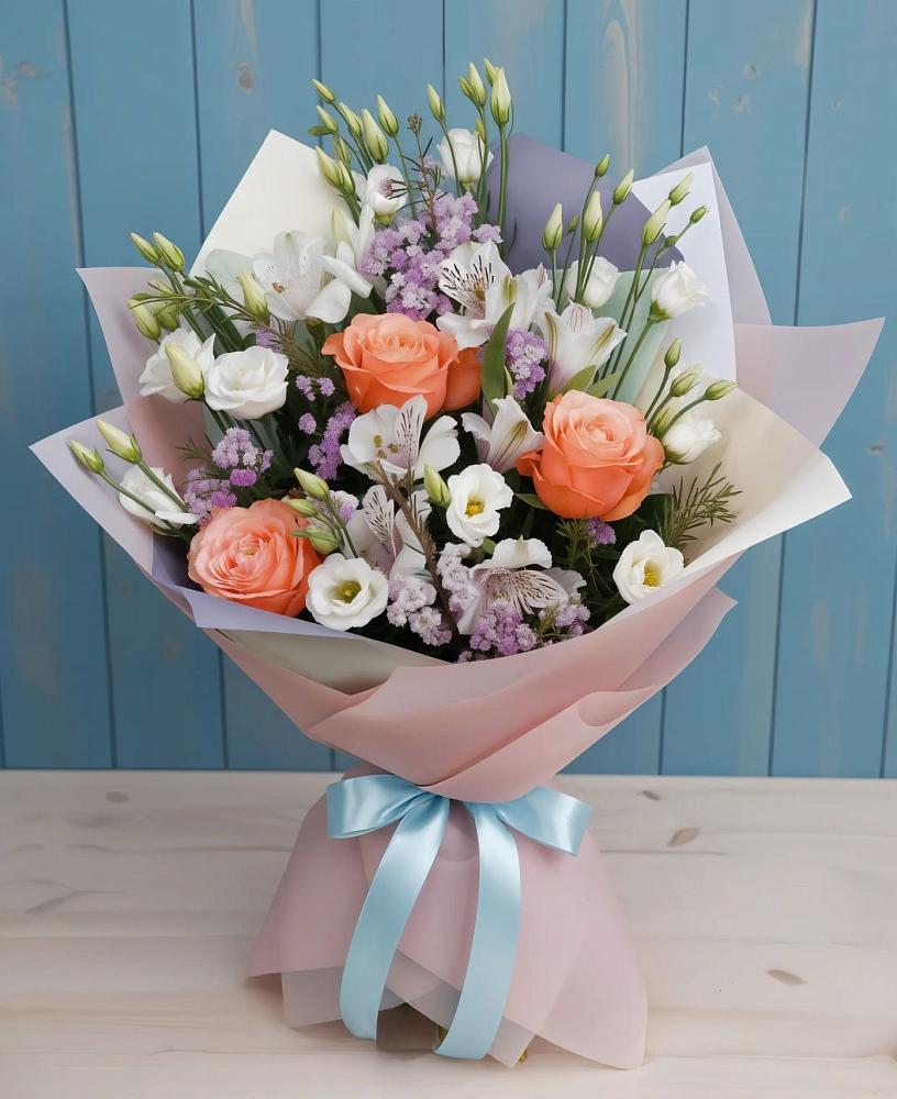 Букет цветов из: Лизиантусы, Розы, Альстромерии и Гипсофила в Серове Свердловская область